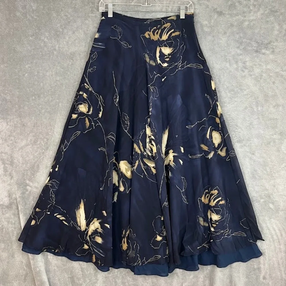 Vintage Dana B Maxi Skirt Womens 8 100% Silk Navy Blue Floral Fairy Whimsical